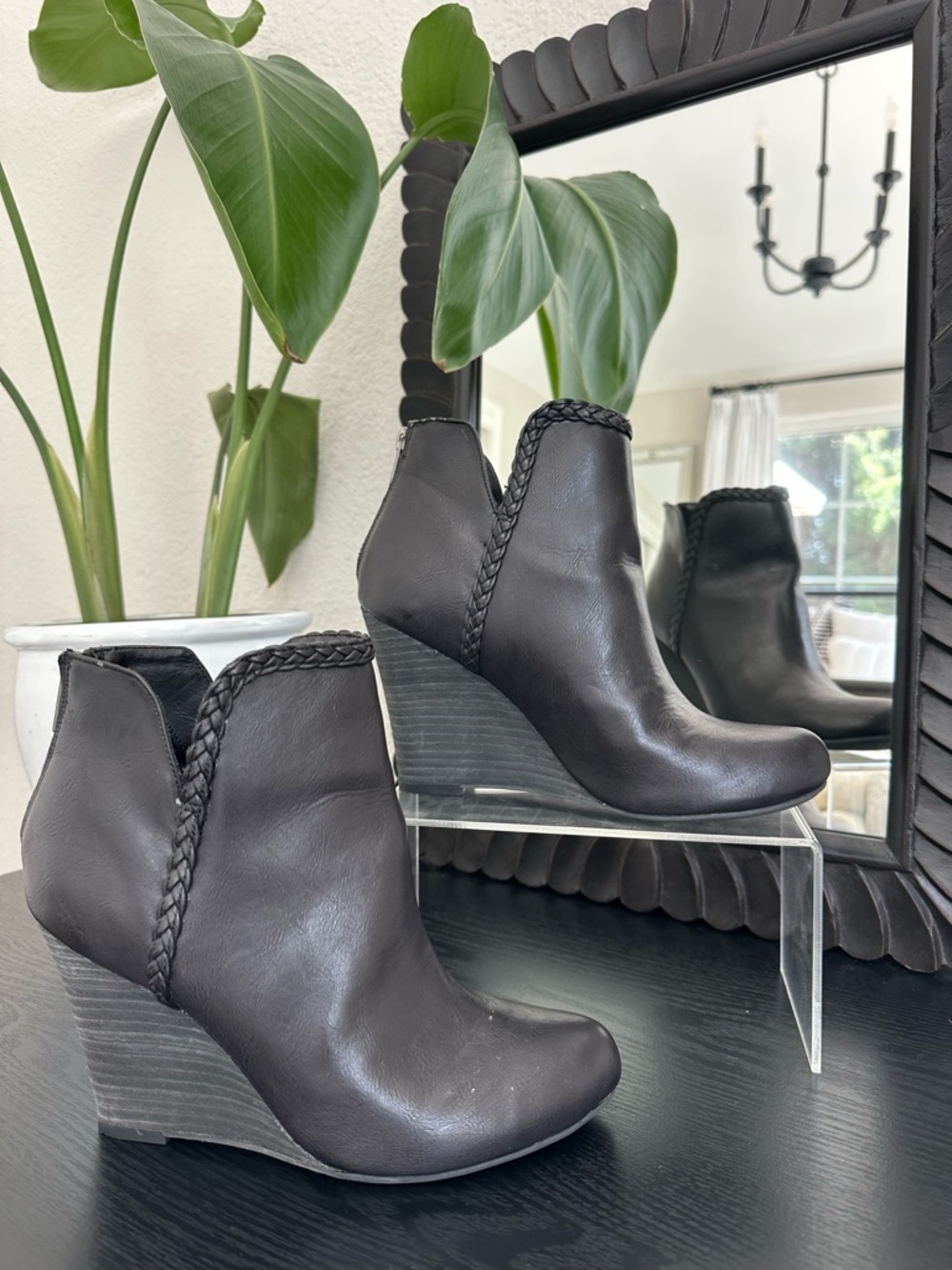 Report Black Braided Trim Wedge Ankle Boots